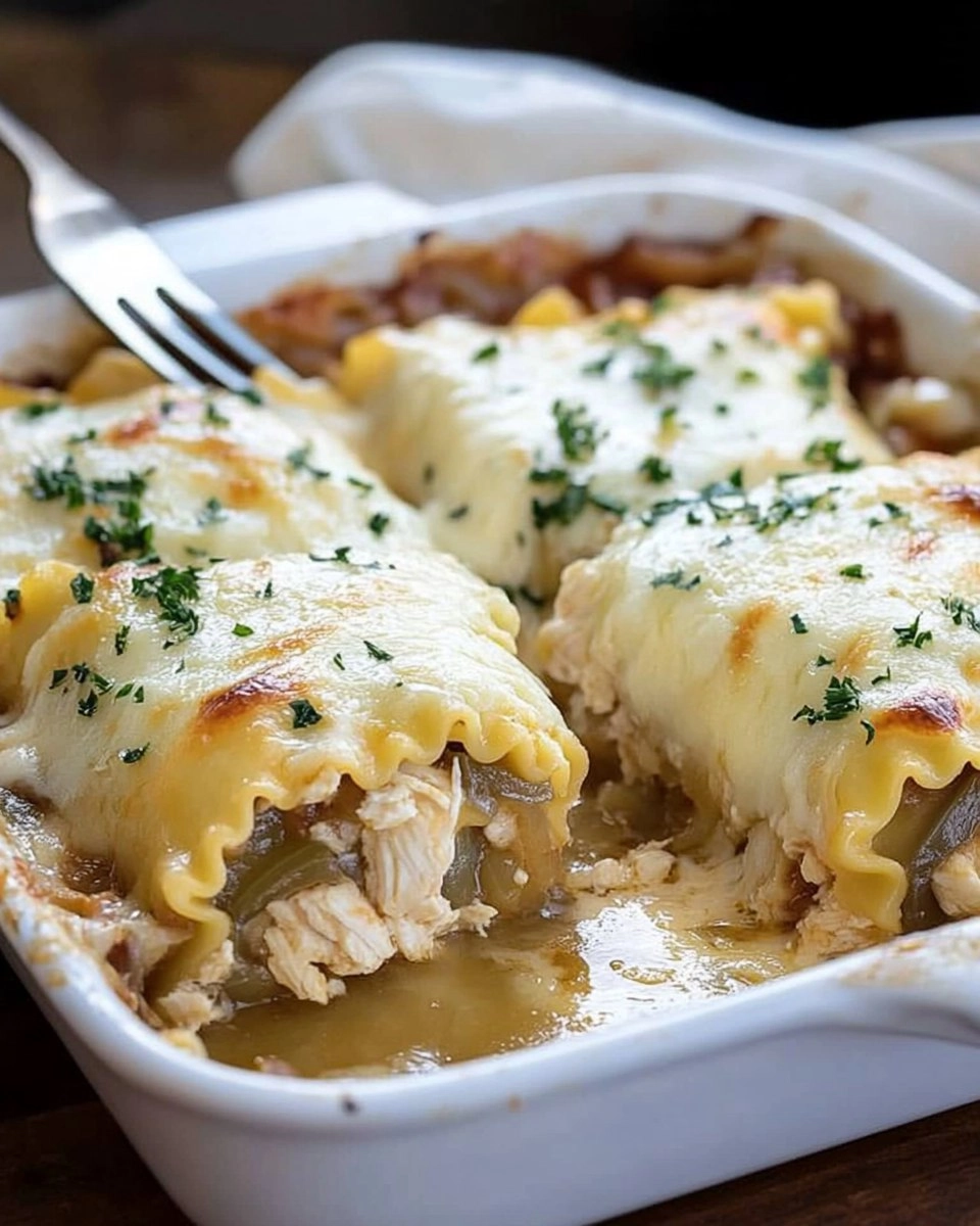 French Onion Chicken Lasagna Rollups 
