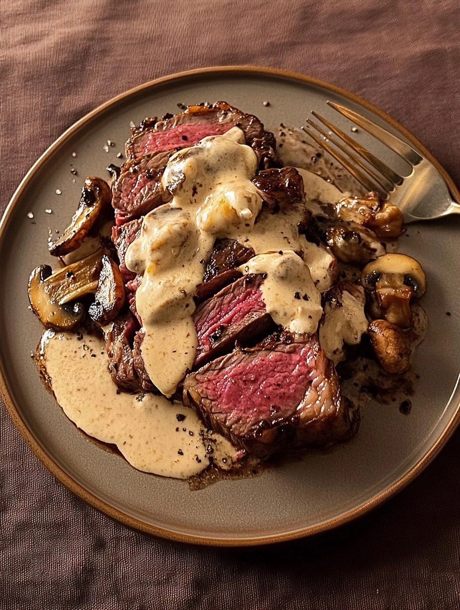 Pink Roasted Steak with Mushroom Sauce 