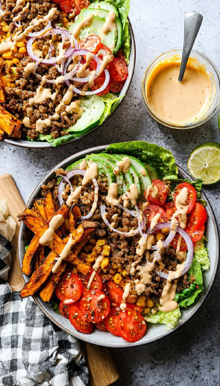 Burger Bowls with Chipotle Ranch Sweet Potato Fries 115 Burger Bowls with Chipotle Ranch Sweet Potato Fries