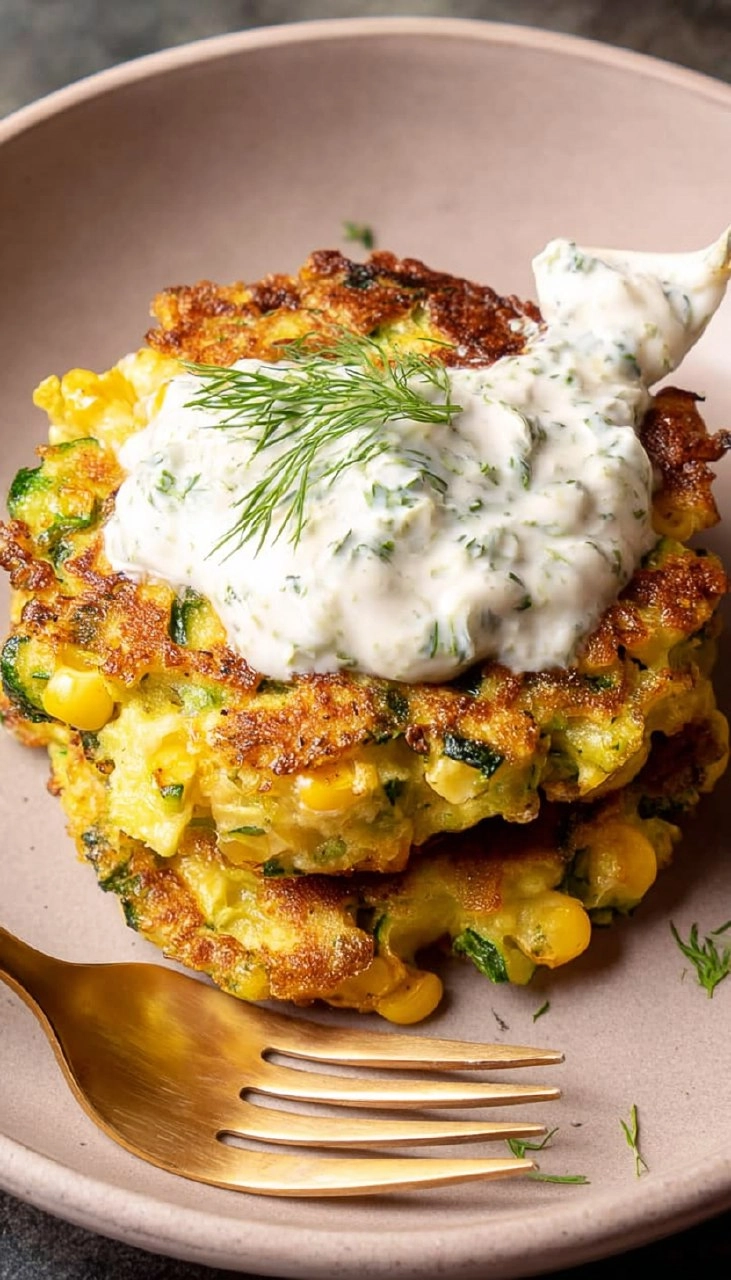 Corn and Zucchini Fritters with Herb Yogurt Sauce
