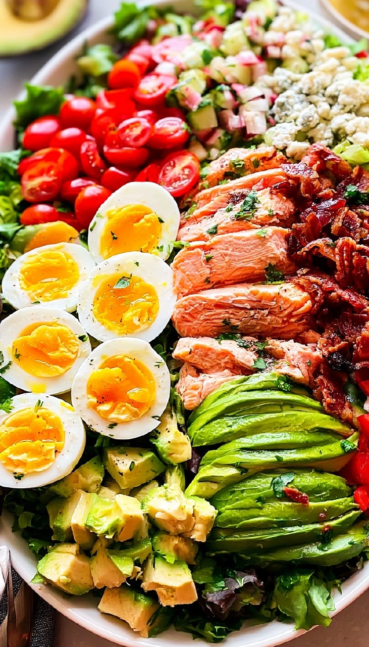 Salmon Cobb Salad with Avocado and Bacon (Whole30, Keto) 130 Salmon Cobb Salad with Avocado and Bacon (Whole30, Keto)