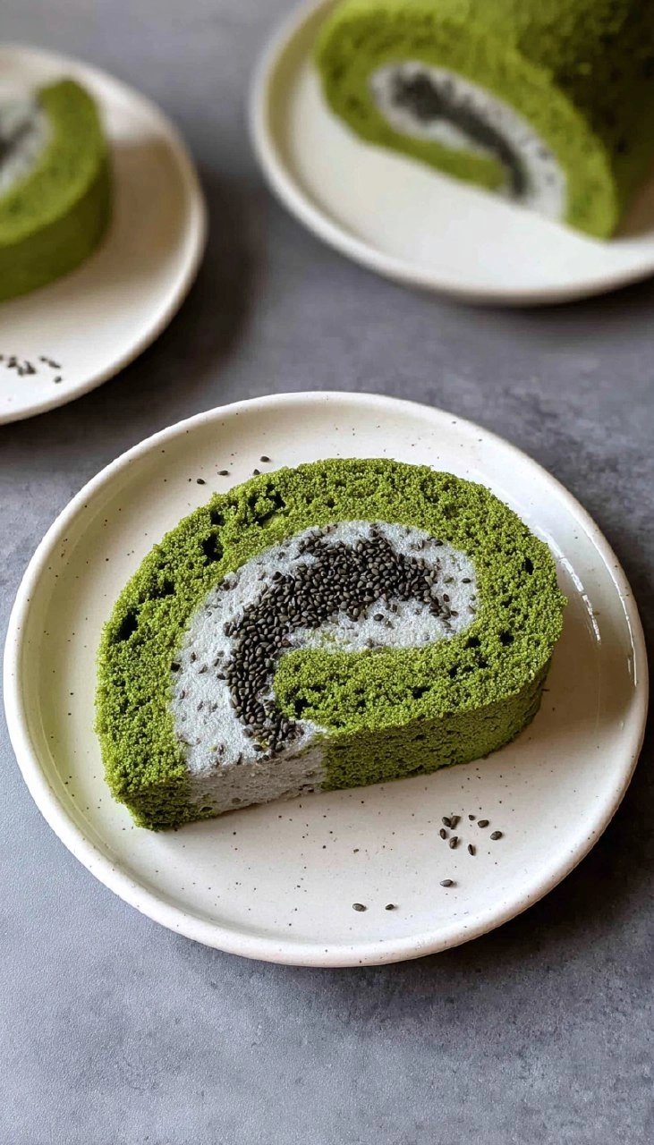 Matcha Swiss Roll Cake with Black Sesame Mousse