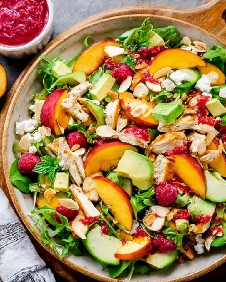 Chicken-Salad-with-Peaches-Avocado-Fresh-Raspberry-Dressing-Recipe