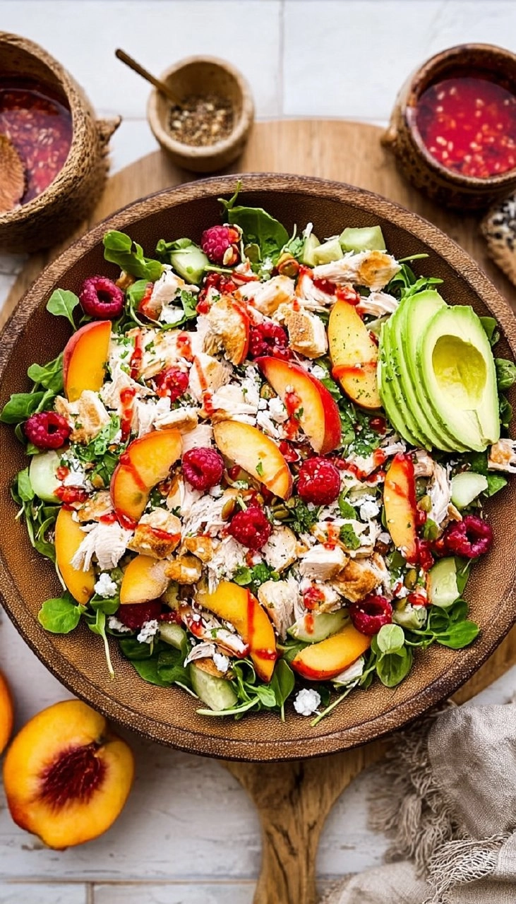 Chicken Salad with Peaches, Avocado & Fresh Raspberry Dressing