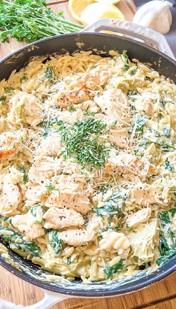 One Pot Spinach Artichoke Chicken Orzo