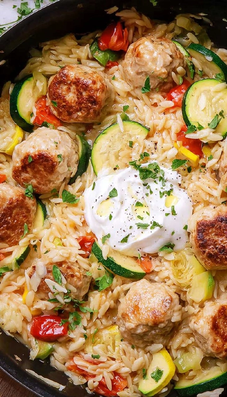 Summer Squash Orzo Skillet with Chicken Meatballs