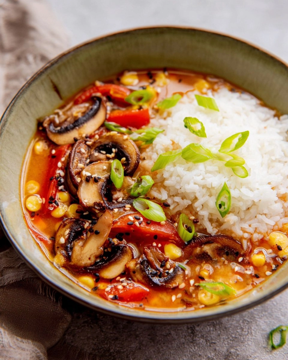 Tomato Miso Soup with Garlic Sesame Mushrooms