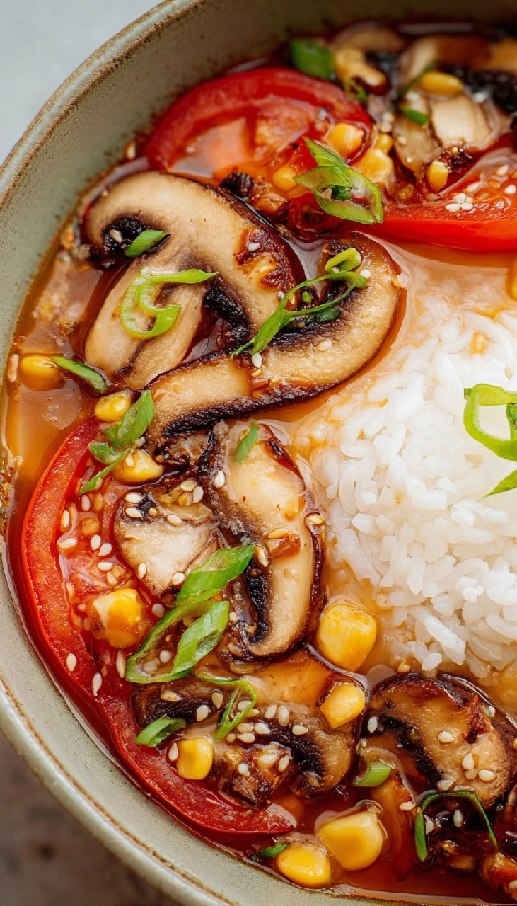 Tomato Miso Soup with Garlic Sesame Mushrooms